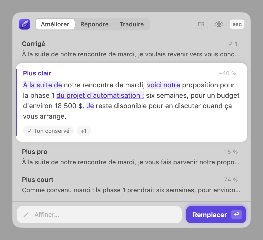 Panneau Plume avec quatre réécritures et les changements surlignés en violet