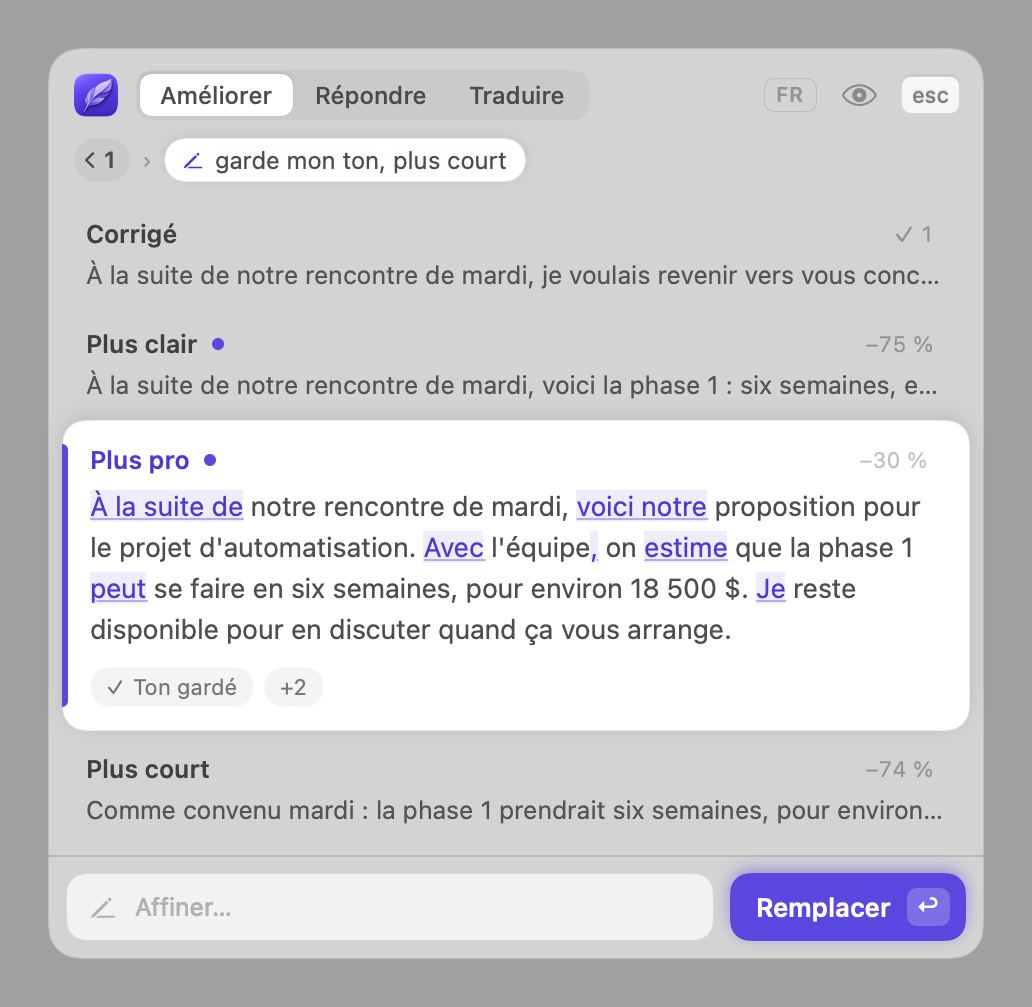 Plume affine le texte selon « garde mon ton, plus court »