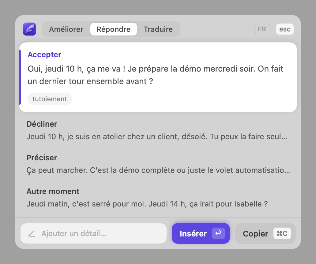 Plume propose quatre intentions de réponse, dont accepter et décliner poliment