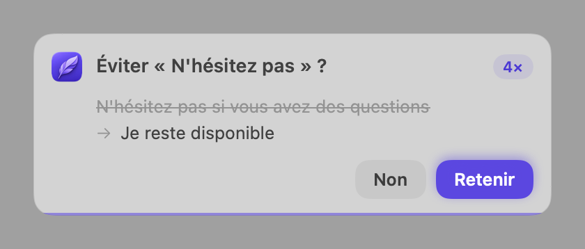 Carte proposant de retenir une préférence d’écriture avec les choix Non et Retenir
