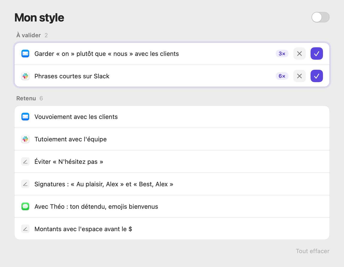 Réglages Mon style montrant des règles à valider et l’apprentissage désactivé